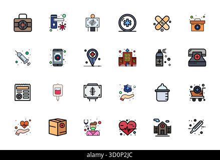Strategic bundle featuring 24 vector icons representing Hospital in Line Filled format, optimized with 128x128 Detail Enhanced quality for professiona Stock Vector