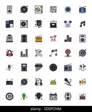 Discover a set of 42 Flat Line Filled vector icons crafted for the Music theme, featuring Retina Ready Pixel Aligned designs ideal for modern UI/UX pr Stock Vector