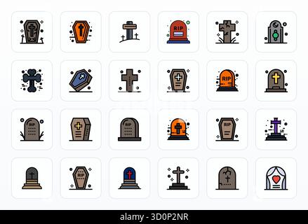 Strategic bundle featuring 24 vector icons representing Funeral in Filled Line format, optimized with 256x256 Pixel Aligned quality for professional w Stock Vector