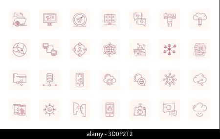 Refined bundle featuring 28 Thin Outline vector icons for Sharing, optimized with Retina Ready Editable quality for elegant and functional design solu Stock Vector