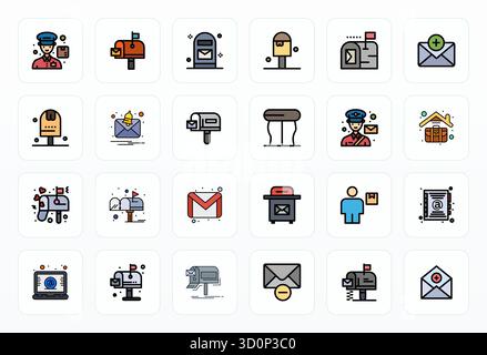 Refined bundle featuring 24 Filled Line vector icons for Mailbox, optimized with High Resolution Pixel Aligned quality for elegant and functional desi Stock Vector