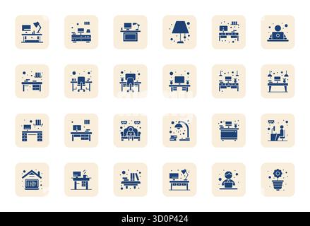 Ultimate collection of 24 vector icons representing Home Office in Filled aesthetic, optimized with 128x128 Pixel Optimized resolution for maximum imp Stock Vector