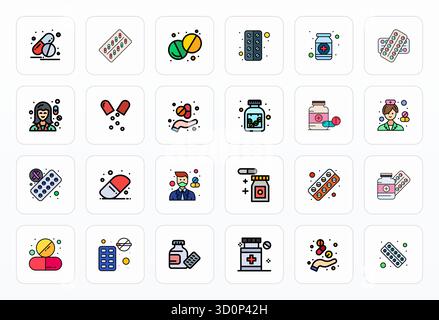 Industry-leading pack of 24 Filled Line Editable vector icons for Pills, sized at 128x128 for optimal rendering and user interface excellence. Stock Vector
