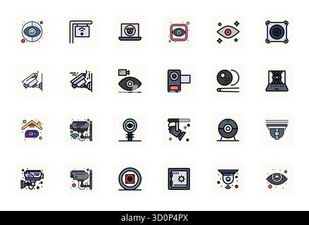 A clean collection of 24 LineFilled vector icons representing Security Camera, designed in 256x256 Display Perfect format for modern dashboards and in Stock Vector