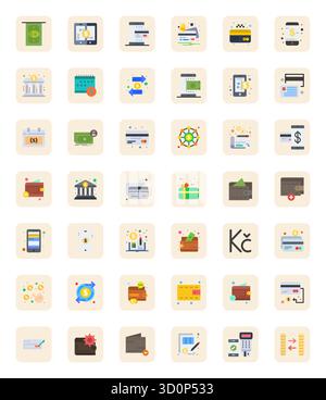 Curated pack of 42 128x128 vector icons in Flat design, centered around Credit concepts with Grid Fitted clarity. Stock Vector