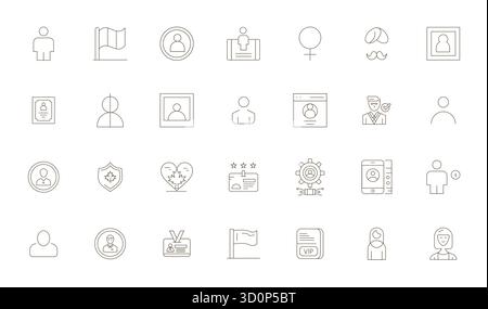 A clean collection of 28 Thin Line vector icons representing Identity, designed in 256x256 Grid Fitted format for modern dashboards and interfaces. Stock Vector