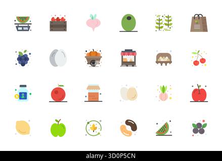 Handcrafted collection featuring 24 Flat vector icons for Produce, optimized in Retina Ready PIXEL Perfect resolution for premium digital experiences. Stock Vector