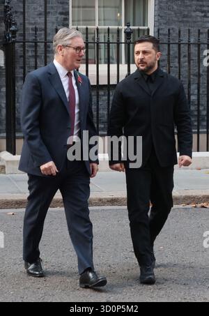 London, UK. 24th Oct, 2025. British Prime Minister Keir Starmer and Ukrainian President Volodymyr Zelensky leave No.10 Downing Street, London on Friday October 24, 2025. Starmer is hosting European leaders for a Coalition of the Willing summit in aid of Ukraine. Photo by Hugo Philpott/UPI Credit: UPI/Alamy Live News Stock Photo
