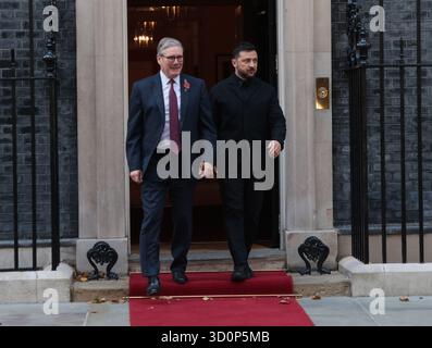 London, UK. 24th Oct, 2025. British Prime Minister Keir Starmer and Ukrainian President Volodymyr Zelensky leave No.10 Downing Street, London on Friday October 24, 2025. Starmer is hosting European leaders for a Coalition of the Willing summit in aid of Ukraine. Photo by Hugo Philpott/UPI Credit: UPI/Alamy Live News Stock Photo