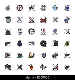 Premium collection of 36 Flat Line Filled vector icons for Weapon, meticulously crafted in 64x64 PIXEL Perfect resolution for superior visual impact. Stock Vector