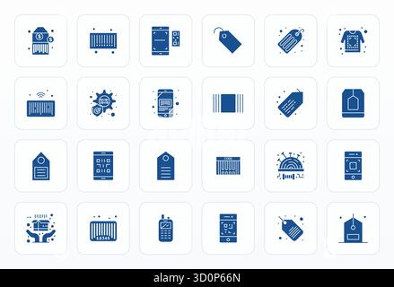 This Barcode vector icon pack includes 24 Glyph designs in 128x128 Grid Fitted format, perfect for enhancing digital interfaces. Stock Vector