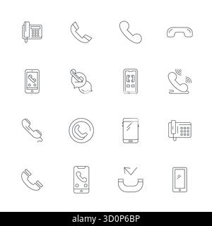 Strategic bundle featuring 16 vector icons representing Handset in Thin Line format, optimized with High Resolution Display Perfect quality for profes Stock Vector