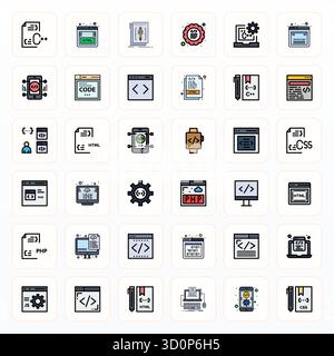 Masterfully created 36 vector icons representing Programming Language in Filled Line design, featuring Retina Ready Detail Enhanced resolution for exc Stock Vector