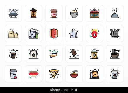 Download 24 scalable Filled Line vector icons designed for Takeout, featuring Pixel Optimized Retina Ready resolution suitable for professional and cr Stock Vector