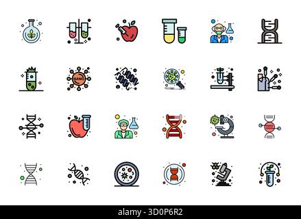 Precision-engineered 24 Flat Line Filled vector icons for Biotechnology, designed at 128x128 PIXEL Perfect resolution for exceptional clarity and scal Stock Vector