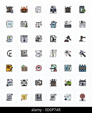 Exceptional collection of 42 Filled Line vector icons for Legal, delivered in Retina Ready Editable resolution for unparalleled visual excellence and Stock Vector