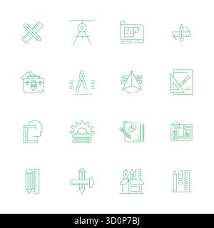Advanced collection of 16 PIXEL Perfect vector icons inspired by Drafting Tools, crafted in Thin Line with 128x128 optimization for superior visual pe Stock Vector