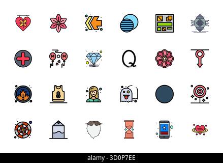 Innovative pack of 24 vector icons themed around Graphic Element, showcasing Flat Line Filled design in 128x128 Grid Fitted format for modern digital Stock Vector