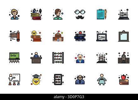 Revolutionary set of 24 Grid Fitted vector icons inspired by Teacher, created in Flat Line Filled format at 128x128 resolution for cutting-edge design Stock Vector
