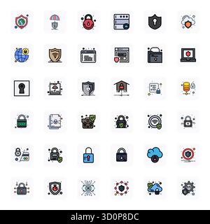 Contemporary collection of 36 vector icons representing Cyber Security in LineFilled aesthetic, featuring 64x64 Editable resolution for modern applica Stock Vector