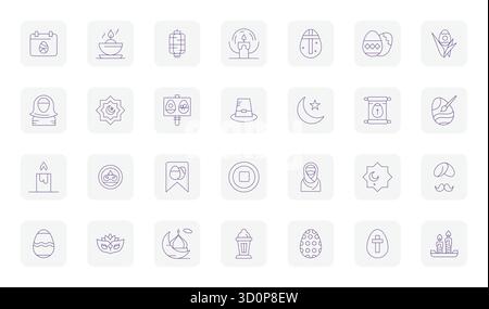 Discover a set of 28 Thin Outline vector icons crafted for the Tradition theme, featuring 64x64 Pixel Optimized designs ideal for modern UI/UX project Stock Vector