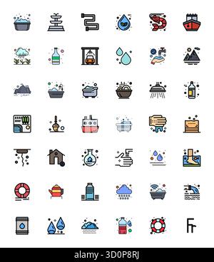 Vector pack with 42 Line Filled Editable icons inspired by Water, delivered in 64x64 resolution ideal for scalable and creative design work. Stock Vector