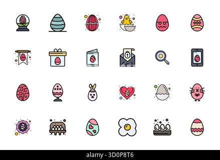 Sophisticated bundle of 24 Flat Line Filled vector icons for Egg, engineered with 128x128 Pixel Aligned clarity for professional applications. Stock Vector
