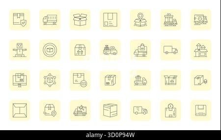 Masterfully created 28 vector icons representing Parcel in Thin Outline design, featuring Retina Ready PIXEL Perfect resolution for exceptional visual Stock Vector