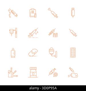Professionally designed 16 vector icons in Thin Line, capturing the essence of Injection with High Resolution Display Perfect precision for UI design. Stock Vector