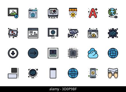 Refined bundle featuring 24 Flat Line Filled vector icons for Digital, optimized with 256x256 PIXEL Perfect quality for elegant and functional design Stock Vector
