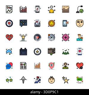 Essential pack of 36 PIXEL Perfect vector icons for Positive in Flat Line Filled format, sized at Retina Ready for optimal performance and scalability Stock Vector