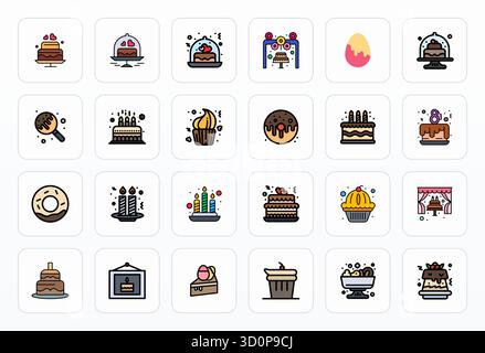 Future-ready pack of 24 vector icons themed around Cake, showcasing Filled Line design with 256x256 Grid Fitted clarity for innovative user interfaces Stock Vector