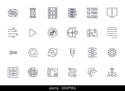 Enhance your projects with 24 Bold Line vector icons themed around Sequential, featuring Retina Ready Pixel Aligned resolution ideal for clean and pro Stock Vector
