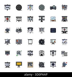 Curated pack of 36 256x256 vector icons in Line Filled design, centered around Projector concepts with Pixel Aligned clarity. Stock Vector