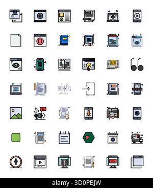 Curated pack of 42 128x128 vector icons in Line Filled design, centered around Content concepts with PIXEL Perfect clarity. Stock Vector