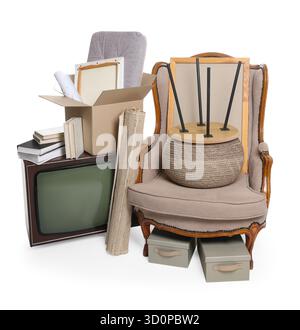 Garage sale. Different used stuff isolated on white Stock Photo