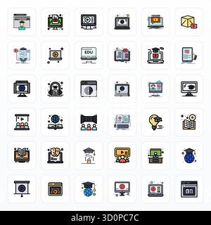 Sophisticated bundle of 36 Filled Line vector icons for ELearning, engineered with Retina Ready PIXEL Perfect clarity for professional applications. Stock Vector