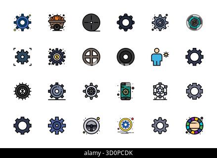 Expertly designed 24 Flat Line Filled Editable vector icons for Wheel, engineered at 256x256 resolution for flawless integration and performance. Stock Vector