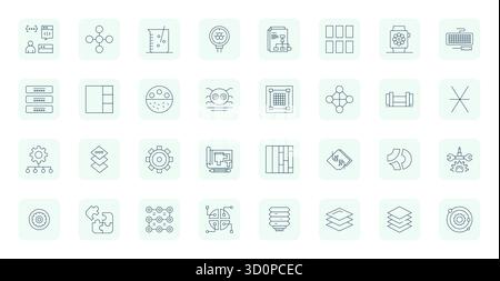 Unlock 32 Thin Outline Grid Fitted vector icons inspired by Components, optimized in Retina Ready format for flawless display across all devices. Stock Vector