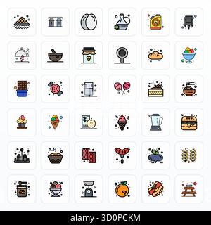 Strategic bundle featuring 36 vector icons representing Food in Filled Line format, optimized with 64x64 Detail Enhanced quality for professional work Stock Vector