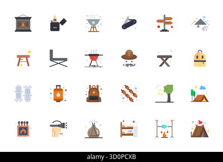 Intelligently designed 24 Grid Fitted vector icons inspired by Camping, created in Flat format at 256x256 for smart and efficient design workflows. Stock Vector