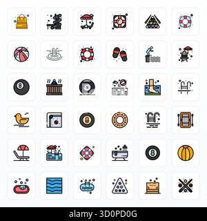Revolutionary set of 36 PIXEL Perfect vector icons inspired by Pool, created in Filled Line format at Retina Ready resolution for cutting-edge design. Stock Vector