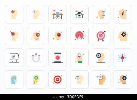 Perfectly balanced 24 Flat PIXEL Perfect vector icons for Concentration, sized at 64x64 for harmonious integration in digital design projects. Stock Vector