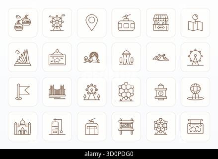 Enhance your projects with 24 Bold Line vector icons themed around Tourist Attraction, featuring 256x256 Editable resolution ideal for clean and profe Stock Vector