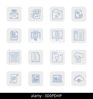 Set of 16 Thin Outline Grid Fitted vector icons themed around Digital Document, crafted in High Resolution resolution for seamless integration in apps Stock Vector
