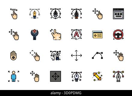 Download 24 scalable Flat Line Filled vector icons designed for Manipulate, featuring Detail Enhanced High Resolution resolution suitable for professi Stock Vector