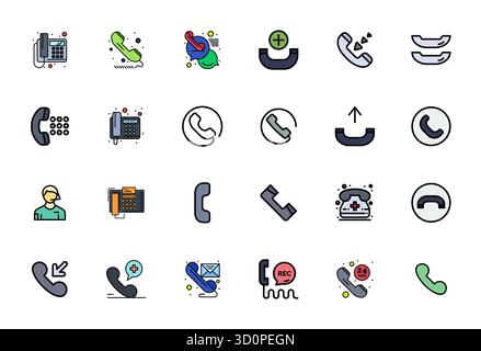 Perfectly balanced 24 Flat Line Filled PIXEL Perfect vector icons for Telephone, sized at 64x64 for harmonious integration in digital design projects. Stock Vector