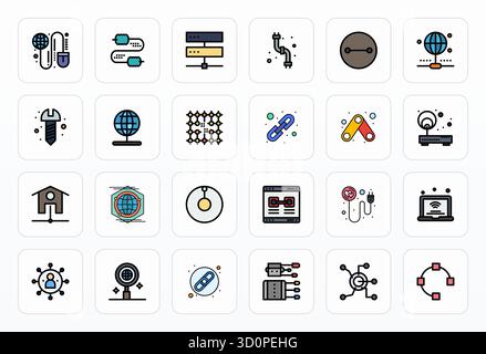 Sophisticated bundle of 24 Filled Line vector icons for Connection Point, engineered with 256x256 Detail Enhanced clarity for professional application Stock Vector