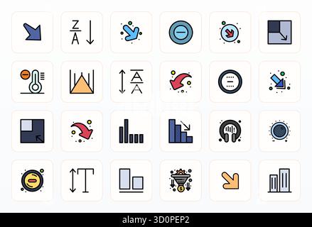 Contemporary collection of 24 vector icons representing Decrease in Filled Line aesthetic, featuring 64x64 Detail Enhanced resolution for modern appli Stock Vector