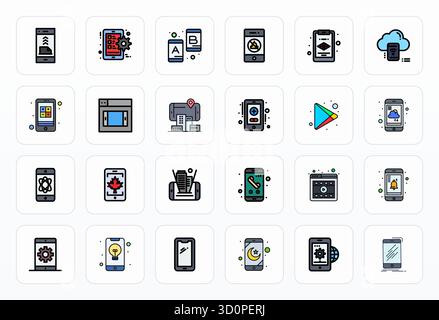 Contemporary collection of 24 vector icons representing Mobile App in Filled Line aesthetic, featuring High Resolution Pixel Optimized resolution for Stock Vector